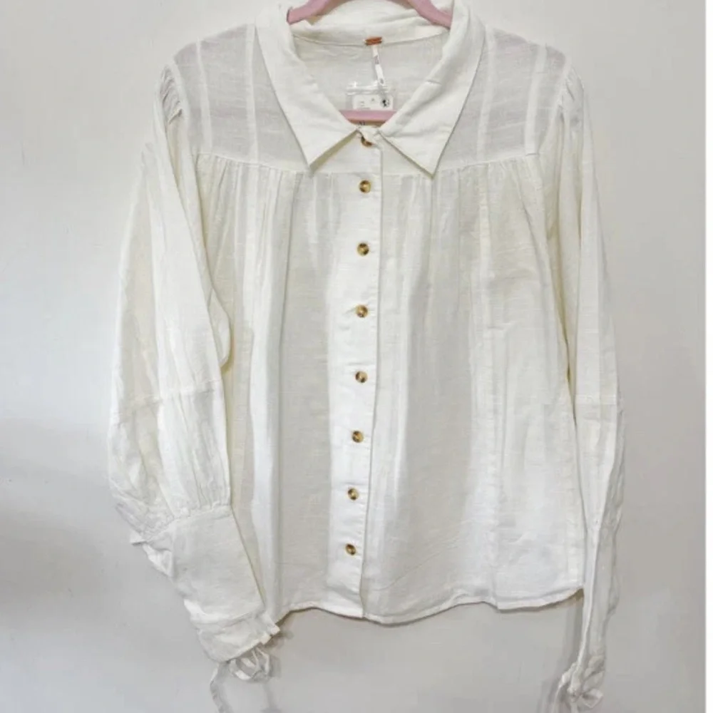Free People Kiss Kiss Blouse Ivory Button Down Long Sleeve Size Large - Picture 3 of 5
